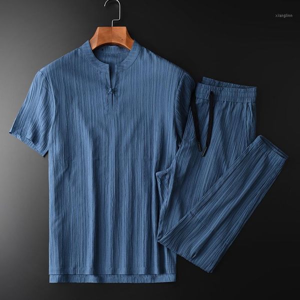 

minglu summer mens sets (t-shirt+pants) luxury chinese style short sleeve man sets plus size 4xl solid color slim fit male1, Gray