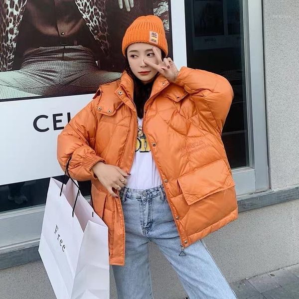 

bottle 2020 down jacket female shiny embroidery hooded 90 white duck down loose fashion brief paragraph joker with thick coat1, Black