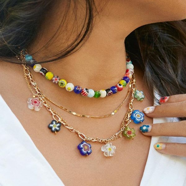 

chains 2021 fashion bohemian charm necklace colorful floral beads for women fruits stone beaded choker necklaces jewelry gift, Silver