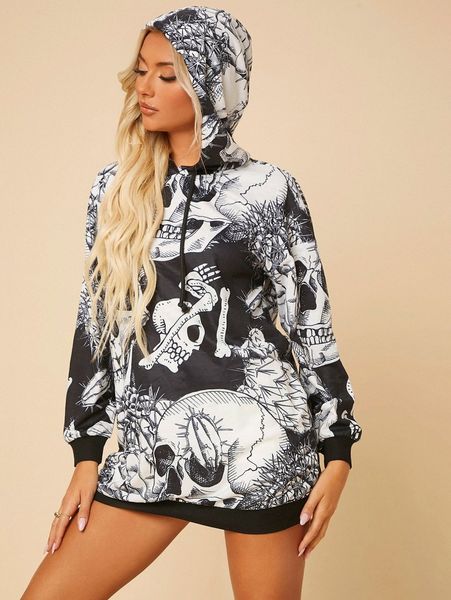 

petite drop shoulder skull & graphic pattern drawstring hoodie z9e5#, White;black