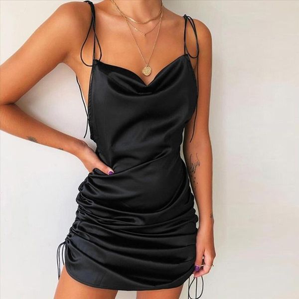 

summer 2020 party dress women's fashion elegant sleeveless bandage backless solid ruched mini bodycon robe dress vestidos, Black;gray