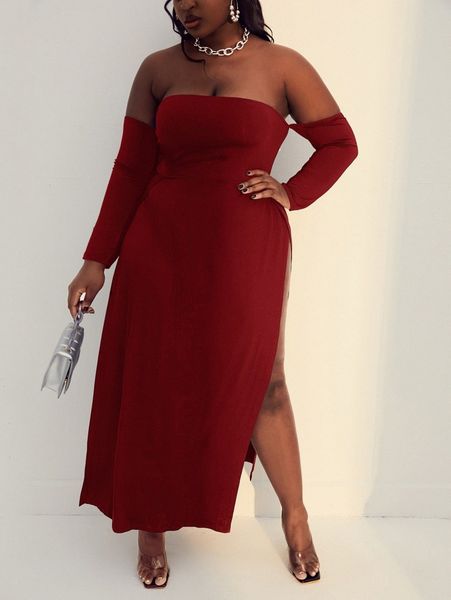 

plus off shoulder slit thigh dress v71c#, Black