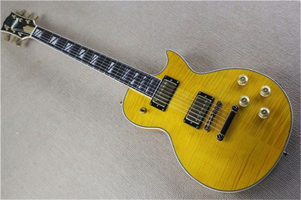 

yellow electric guitar mahogany body flamed maple cream bound rosewood fingerboard shell inlay fixed bridge gold knob
