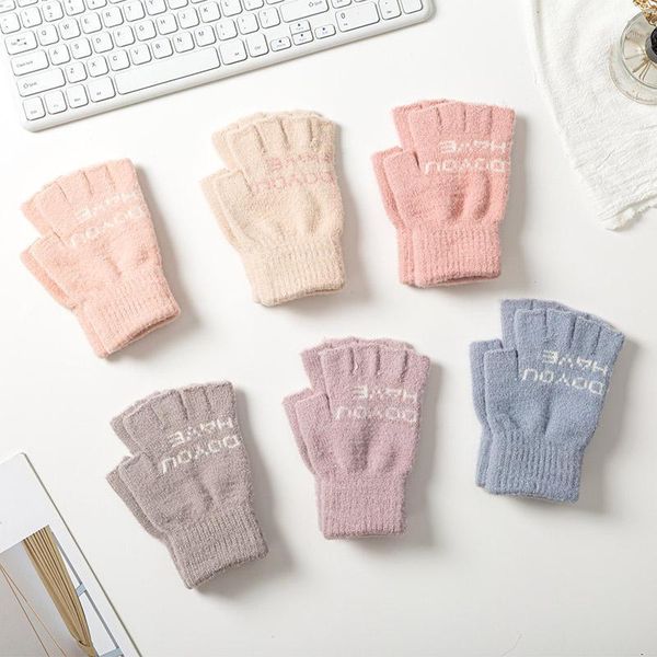 

five fingers gloves fingerless women winter wool knitted wrist glove female warm half finger letter print for ladies autumn guantes1, Blue;gray