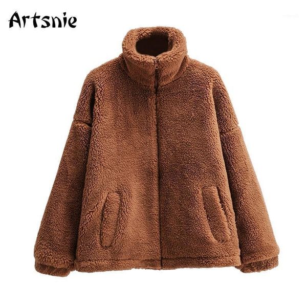 

artsnie teddy turtleneck coats women winter long sleeve oversized jacket female zipper double pockets warm fleece coats chaqueta1, Black;brown