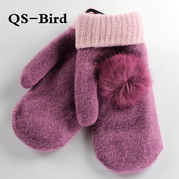 

2020 women winter warm wool gloves ladies fur pompom mittens fingerless gloves guantes mitones, Blue;gray