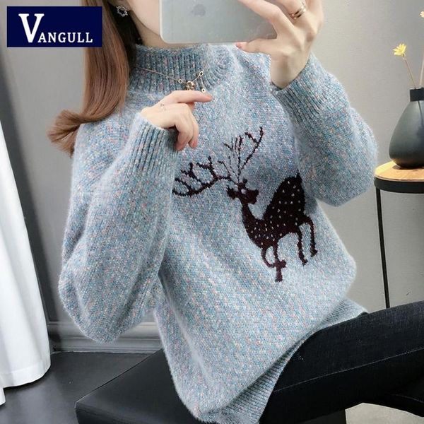 

fawn print knitted women sweater autumn winter half high collar pullover o-neck loose casual retro base soft sweater top, White;black