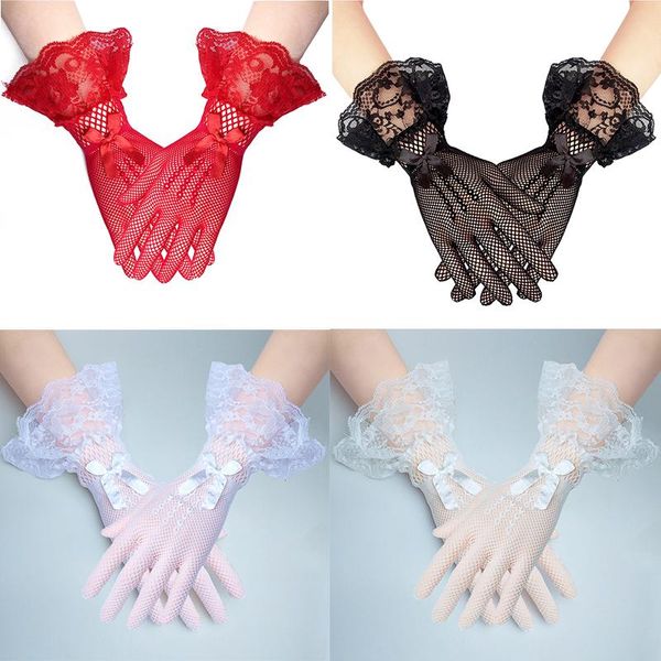 

five fingers gloves wrist length women lace bride black hand mittens for party sun protection accessories driving, Blue;gray