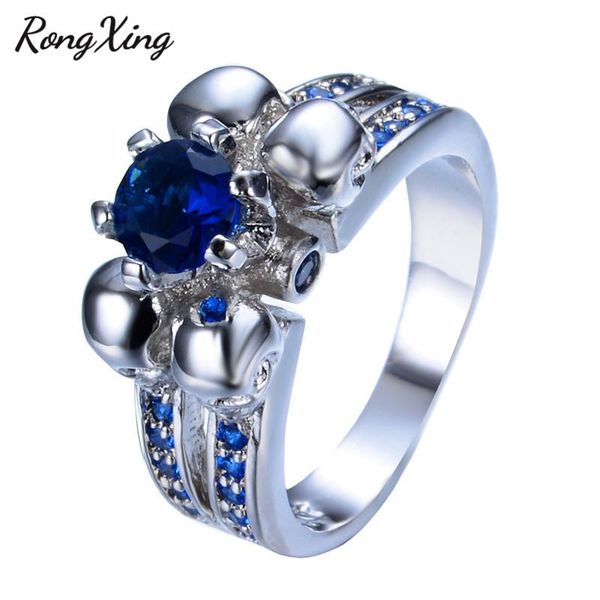 

rongxing vintage punk skull blue/green/pink/white/black round zircon rings for women silver color birthstone ring, Slivery;golden