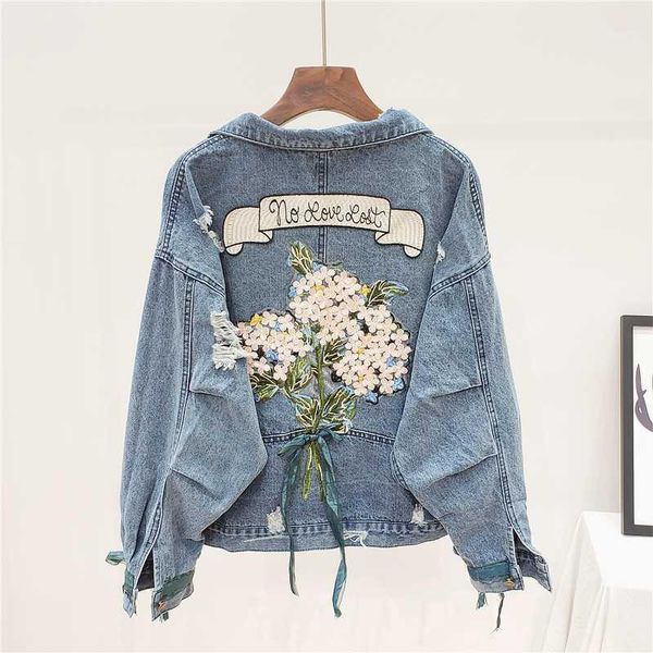 

fashion embroidery holes denim jacket women student outerwear harajuku big size loose long sleeve short jeans jacket coat female1, Black;brown