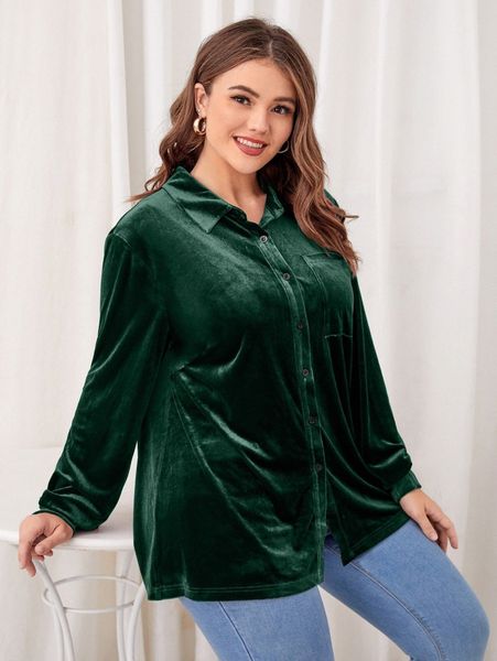 

plus pocket front velvet blouse p67k#, Black