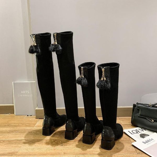 

new classic квадратный каблук сапоги зимы женщин boots black knee high hidden stretch fabric over-the-коленный zip flock длинные женщины