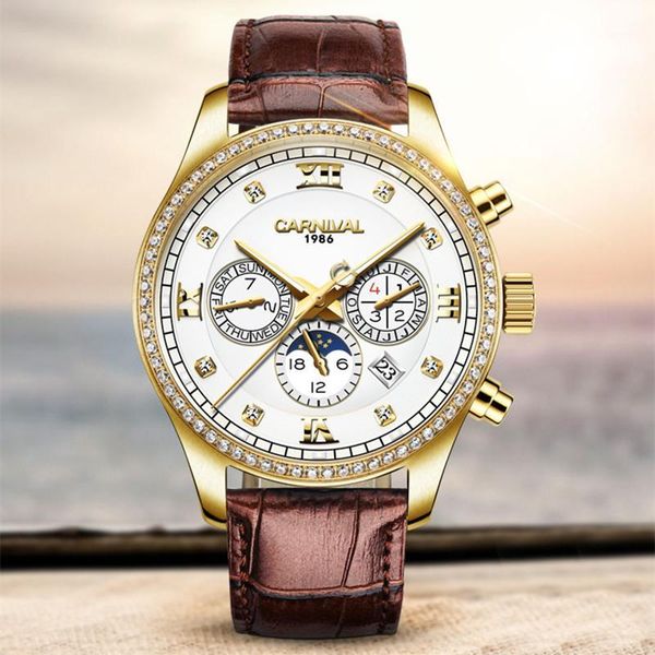 

carnival brand luminous business watches for men self-winding mechanical wrist watch automatic leather strap watch moon phase1, Slivery;brown