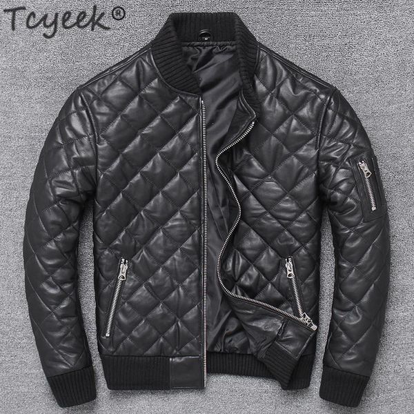 

tcyeek streetwear winter autumn 100% real leather jacket men moto biker natural sheepskin coat mens genuine leather jackets 1988, Black