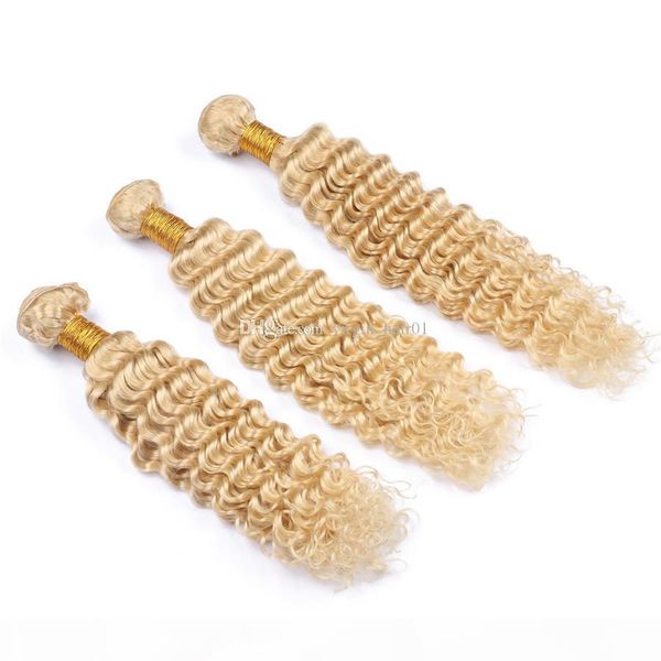 

brazilian blonde virgin hair deep wave 3pcs platinum blonde curly hair weft #613 gold blonde human hair weave bundles for sale, Black;brown