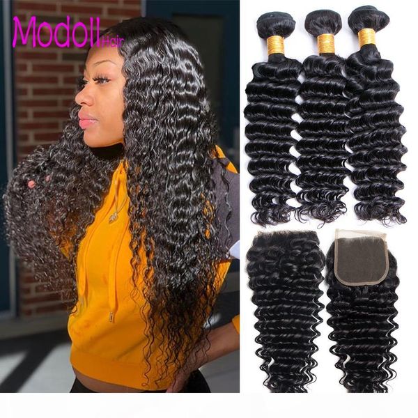 

peruvian deep wave bundles with closure wet and wavy remy human hair 3 4 bundles with closure mink peruvian virgin hair weave bundles, Black;brown