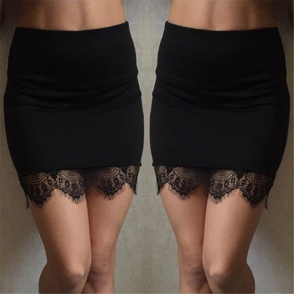 

fashion women high waist lace bud skirts empire lace hem elastic bodycon skinny ladies slim fit short mini skirt jupe mujer, Black