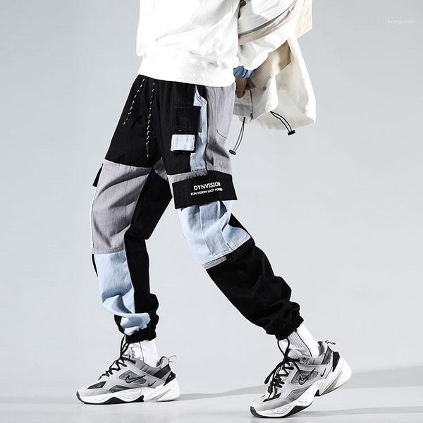 

harem pants men spring autumn color patchwork cargo joggers letter print 2020 workout clothes hip hop jogger fashion streetwear1, Black