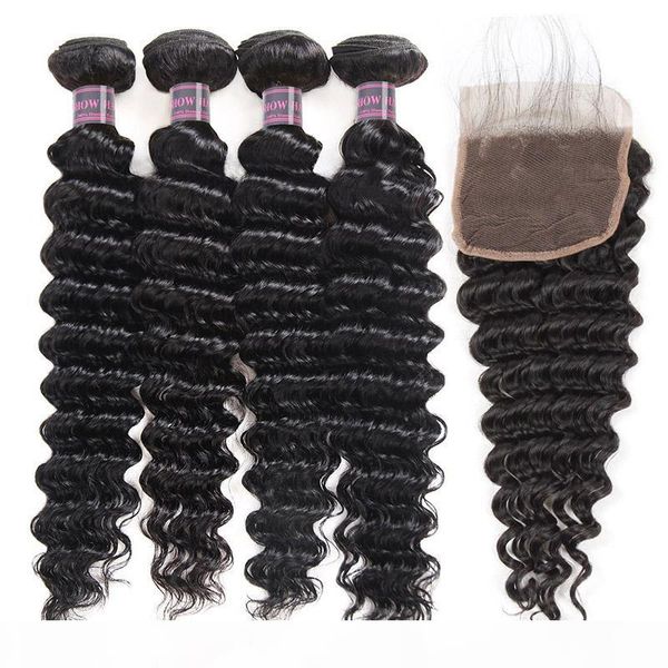 

28inch deep curly virgin hair extensions loose wave 3 4pcs with lace closure straight water wave virgin human hair bundles with closure, Black