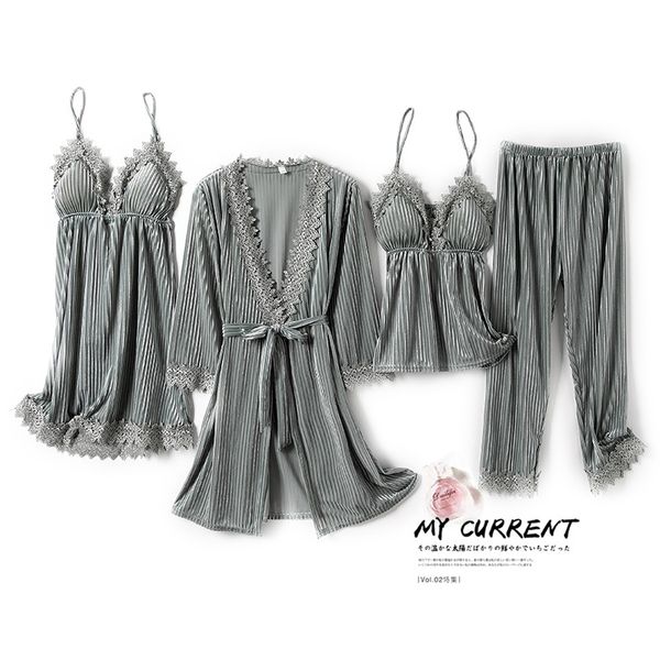 

4PCS Pajamas Suit Women Velour Sleepwear Kimono Gown Nightwear 2021 Autumn New Bathrobe Soft Velvet Pyjamas Home Clothes, 4pcs gray