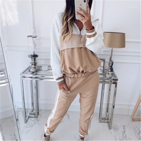

loose with wide leg pant sets women autumn casual suits fashion occident zipper hooded sweater trousers two piece sets designer female, White