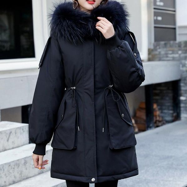 

winter down jacket solid color mid-length ladies parka warm hooded long sleeve women's jacket high street women's 2111102, Black