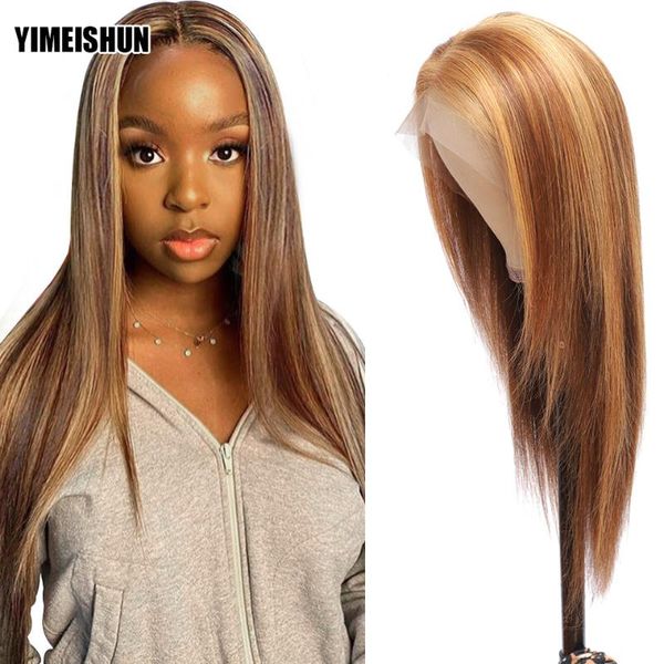 

28 30 inch highlight straight wig 13x4 lace frontal human hair wig brazilian remy 4x4 lace closure wigs middle part front, Black;brown