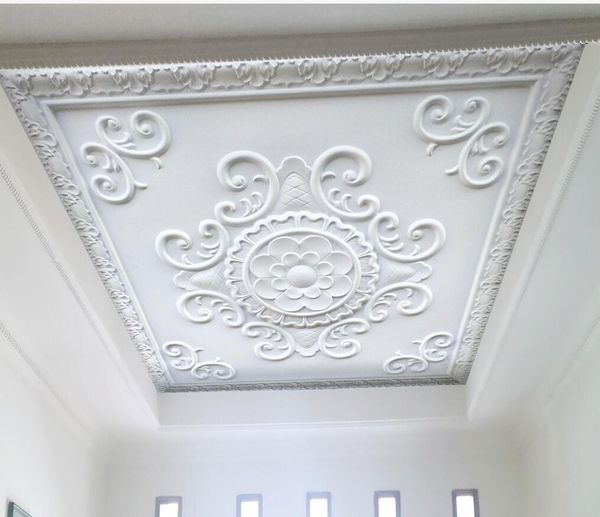 

white plaster line 3d three-dimensional relief european-style ceiling 3d ceiling murals wallpaper