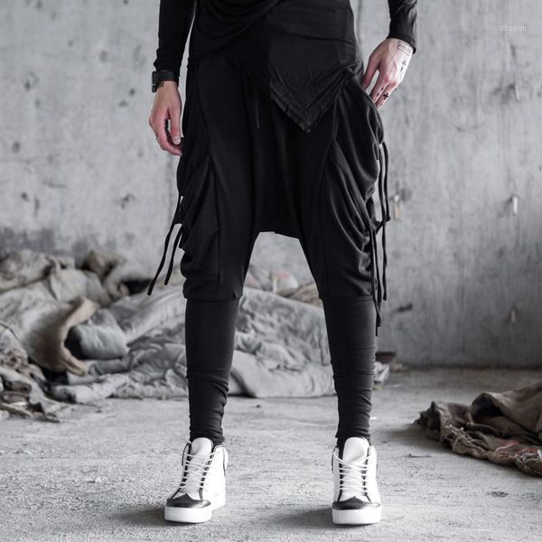 

men's pants 2021 harem drop crotch pockets joggers solid trousers loose hip-hop baggy1, Black