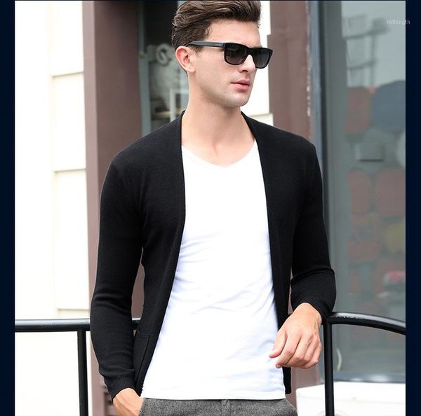 

men's wool cardigan autumn spring warm solid slim fit long sleeve o-neck long clothes knitted cotton casual fashion male sweater1, White;black
