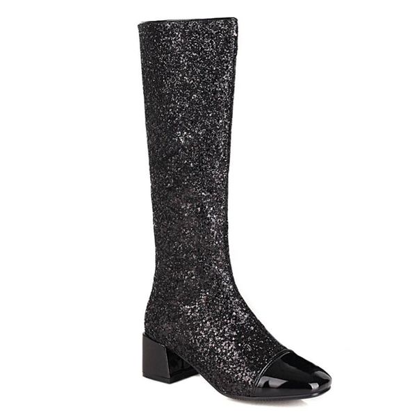 

glitter stitching patent leather knee-length boots sequined thick heel square toe shiny women's boots winter short plush shoes, Black