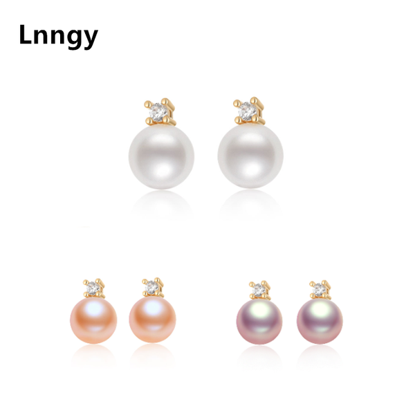 

lnngy classic 14k gold filled stud earrings white purple pink 8.5-9mm 100% freshwater pearl earrings for women elegant gifts, Golden;silver