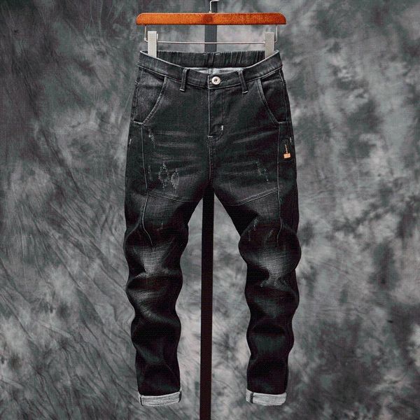 

men's jeans 2021 style autumn and winter stretch thickened feet slim pants rubber band black wear loose versatile, Blue