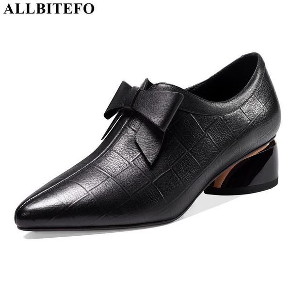 

allbitefo моды bowtie натуральная кожа толстый каблук офис женская обувь женщины высокой пятки высокие каблуки бренд женщин каблуки, Black