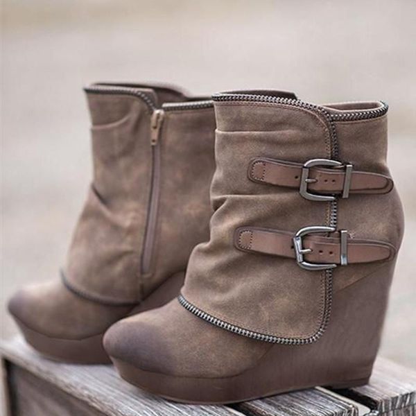 

boots 2021 women's fashion wedges zip buclke winter warm high heel shoes for girl female ankle retro botas mujer, Black