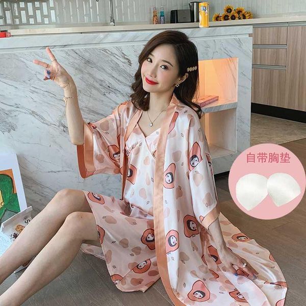 

2pcs suit silk pajamas pajamas sling home wear ladies satin robe&gown sets nightdress with chest pad1, Black;red