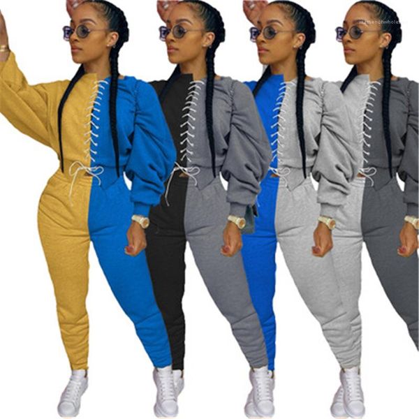 

neck short pants suits designer female autumn new slim casual tracksuits ladies splicing bandage sets fashion trend long sleeve round, Gray