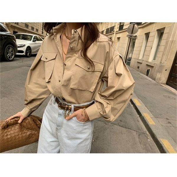 

2021 new style chic woman's blouse oversized solid puff sleeves women's work shirts lady's office released autumn spring 13s, White