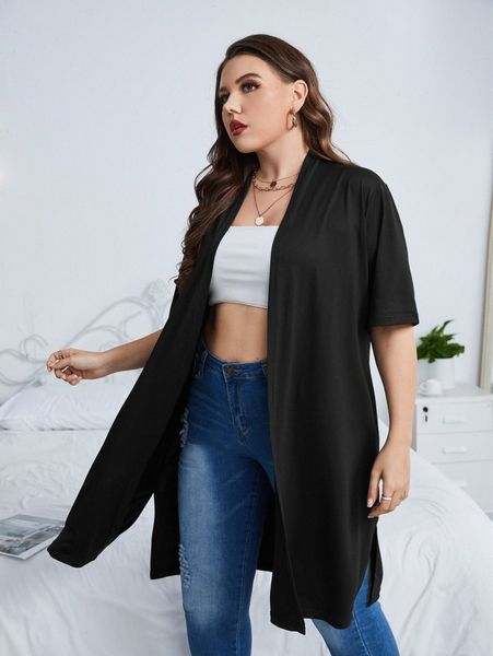 

plus split hem open front coat d7jw#, Black