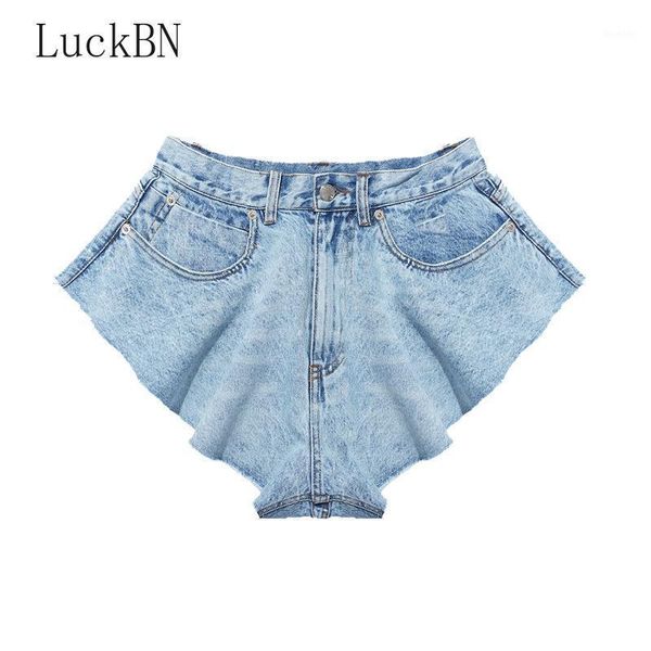 

casual denim shorts skirts high waist ruffle hem loose ruched short pants female fashion clothing spring summer tide denim jeans1, Blue