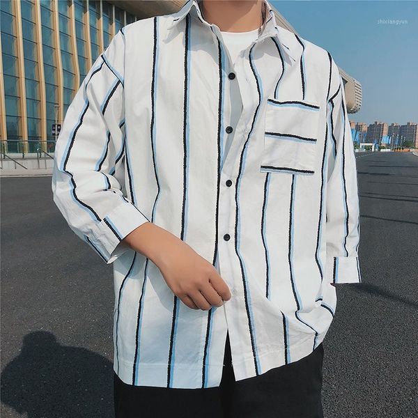 

mens half sleeve striped cotton shirts men korean 5xl hip hop streetwear oversized casual shirt dress clothes 2020 cs201, White;black