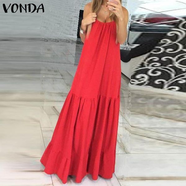 

vonda sleeveless spaghetti strap ruffle swings dresses bohemian 2020 summer women maxi long dress holiday vestido plus size1, Black;gray