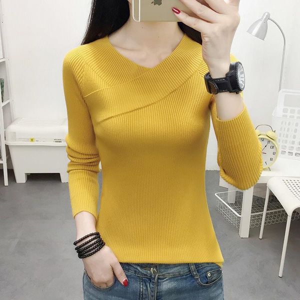 

2021 spring and autumn women's casual v-neck cross slim multicolor long sleeve pullover ladies sweater yellow black y17, White;black