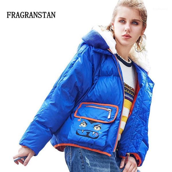 

women new fashion winter blue real fur collar hooded down jacket cartoon embroidery sequins double pockets loose warm coat ly841, Black