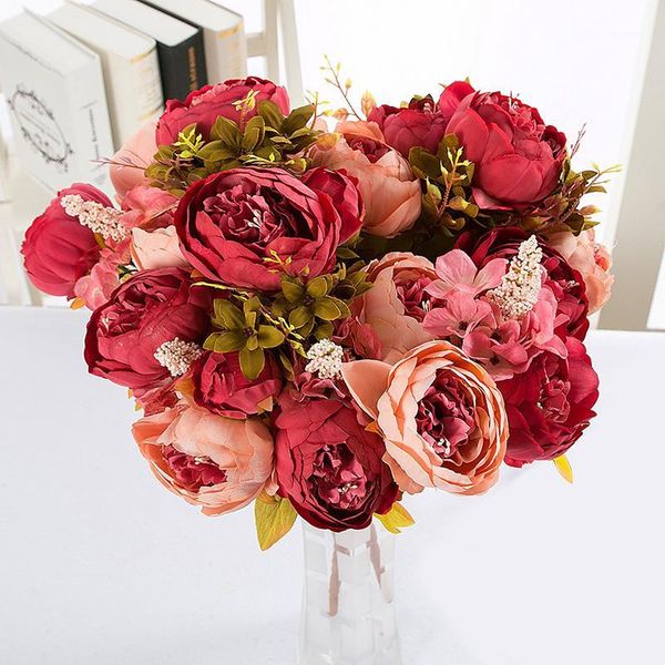 

13 branch/bouquet artificial flowers peony vivid flores artificiales fake silk rose bridal wedding decor wreath gland home1