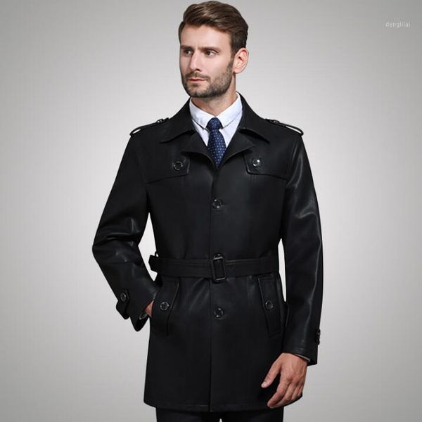 

2020 new male business casual plus velvet outerwear mens long sheepskin lapel trench coat winter men genuine leather jackets1, Black