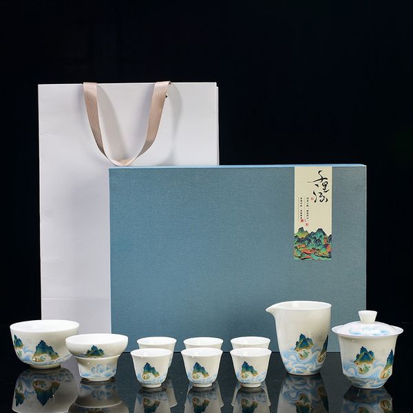 

blanc de chine thousand-li landscape lidded bowl tea set set household complete set wool fat jade kung fu tea logo customization