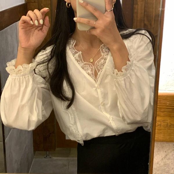 

fashion womens and blouses plus size long sleeve lace v-neck casual ladies solid shirts eleganckie bluzki damskie#g21, White