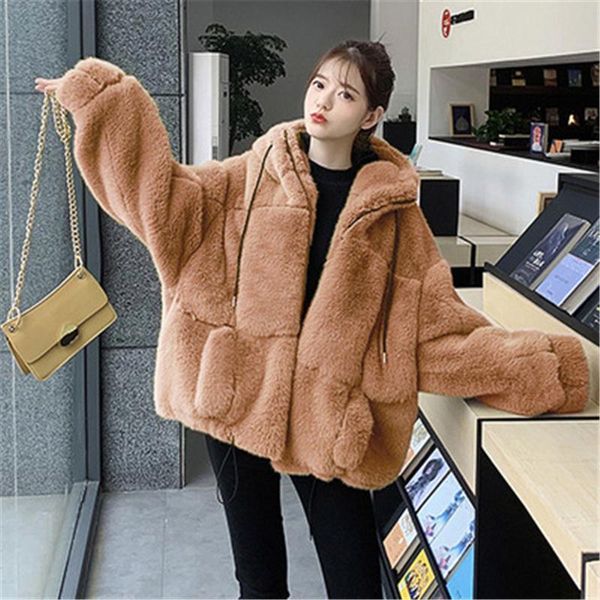 

women's fur & faux short coat 2021 winter fashion style loose hooded long sleeves padded warmth imitation rex jacket, Black