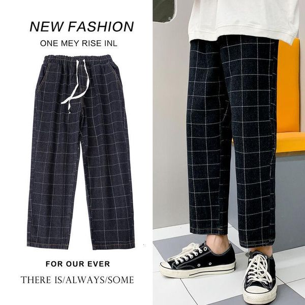 

men's jeans men's 2021 autumn and winter plaid nine-point loose denim wide-leg pants young people fashion trend clothing1, Blue